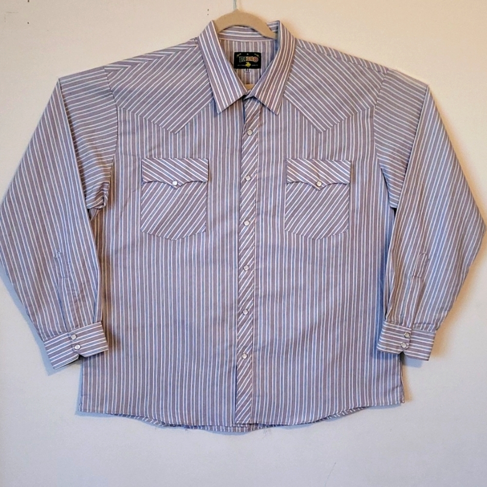 RODEO Men's western shirt, Gray/white/blue pin stripe, pearl buttons, XXL